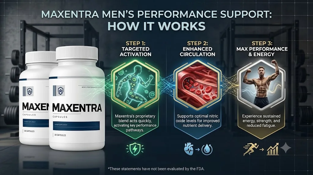 Maxentra how it works illustration: targeted activation, enhanced circulation, max performance and energy